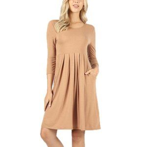 Women's 3/4 Sleeve Pleated Dress with Pockets